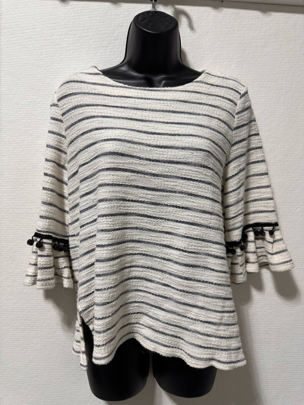Doe & Rae Cream and Black Striped Ruffle Sleeve Top